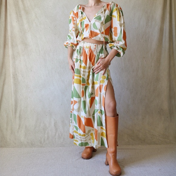 Linen Blend Boho Abstract Print Maxi Skirt and Long Sleeve Crop Top Set - Picture 2 of 5